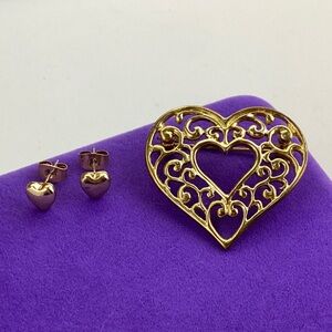 💛 Vintage Gold Tone Heart Brooch & Heart Earrings Set | Openwork Design